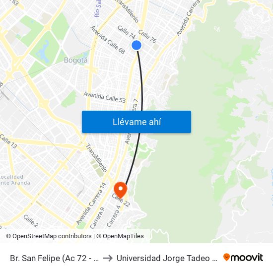 Br. San Felipe (Ac 72 - Kr 17) to Universidad Jorge Tadeo Lozano map