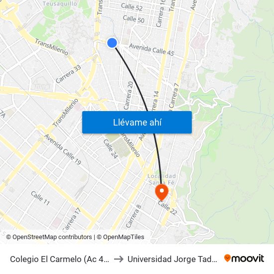 Colegio El Carmelo (Ac 45 - Kr 25a) to Universidad Jorge Tadeo Lozano map