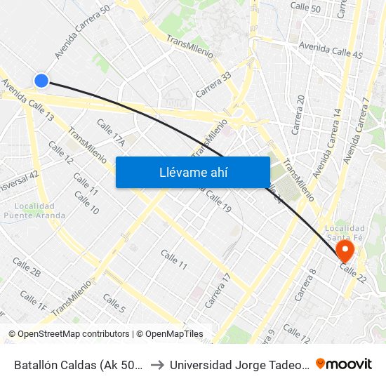 Batallón Caldas (Ak 50 - Cl 15) to Universidad Jorge Tadeo Lozano map