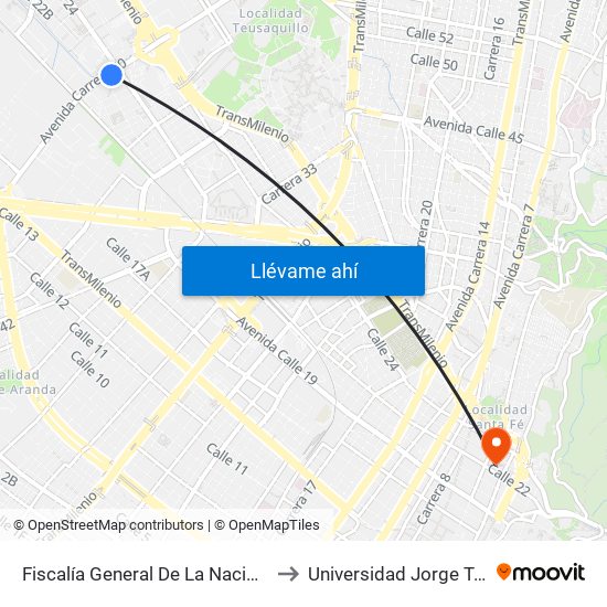 Fiscalía General De La Nación (Ak 50 - Ac 24) to Universidad Jorge Tadeo Lozano map