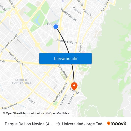 Parque De Los Novios (Ac 63 - Kr 45) to Universidad Jorge Tadeo Lozano map