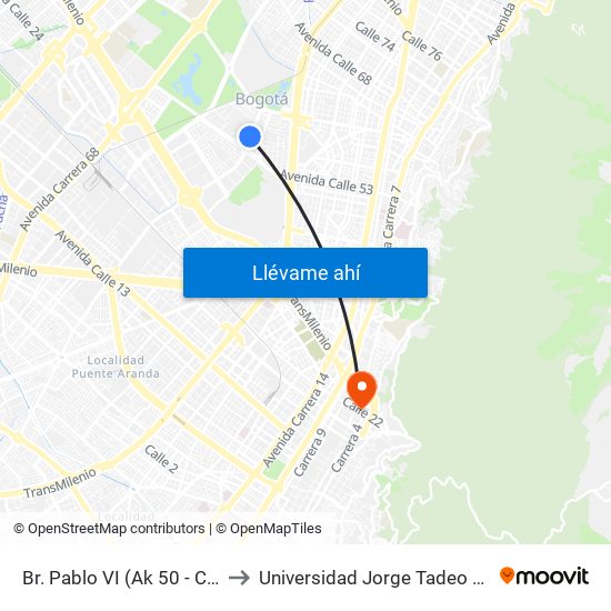 Br. Pablo VI (Ak 50 - Cl 57d) to Universidad Jorge Tadeo Lozano map