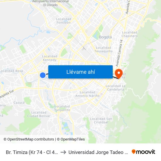 Br. Timiza (Kr 74 - Cl 42 Sur) to Universidad Jorge Tadeo Lozano map