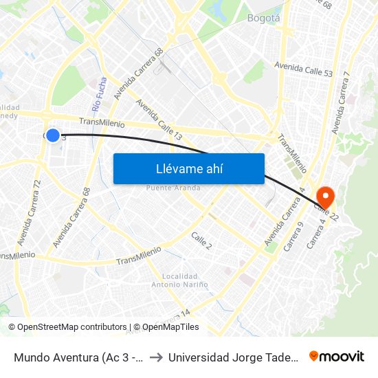 Mundo Aventura (Ac 3 - Kr 71c) to Universidad Jorge Tadeo Lozano map