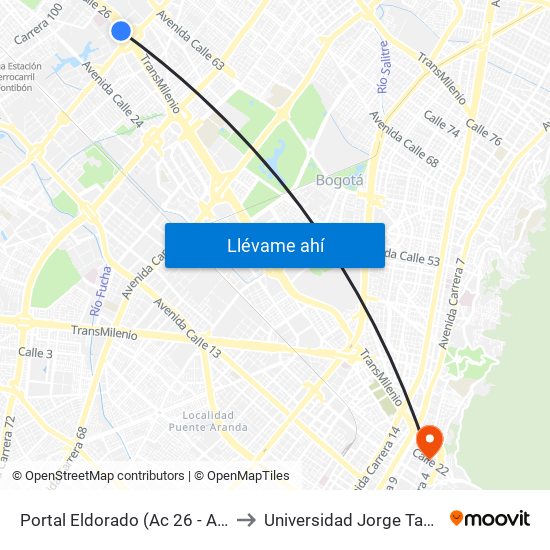 Portal Eldorado (Ac 26 - Av. C. De Cali) to Universidad Jorge Tadeo Lozano map
