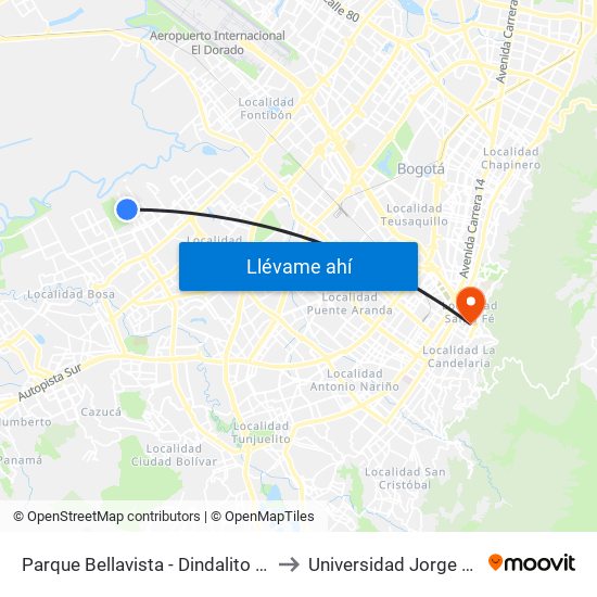 Parque Bellavista - Dindalito (Kr 95 - Cl 42b Sur) to Universidad Jorge Tadeo Lozano map