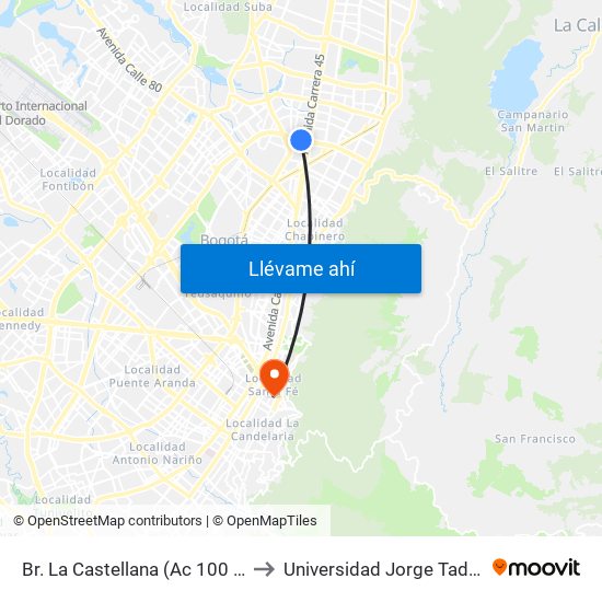 Br. La Castellana (Ac 100 - Kr 45) (A) to Universidad Jorge Tadeo Lozano map