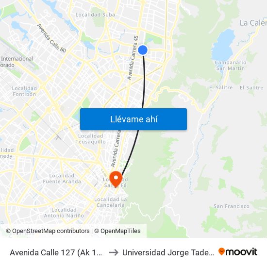 Avenida Calle 127 (Ak 19 - Cl 123) to Universidad Jorge Tadeo Lozano map