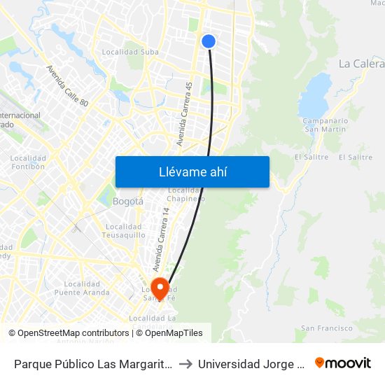 Parque Público Las Margaritas (Ak 19 - Cl 151) to Universidad Jorge Tadeo Lozano map