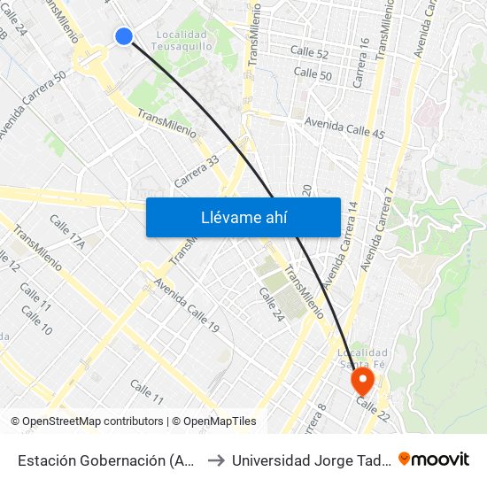 Estación Gobernación (Ak 50 - Ac 26) to Universidad Jorge Tadeo Lozano map