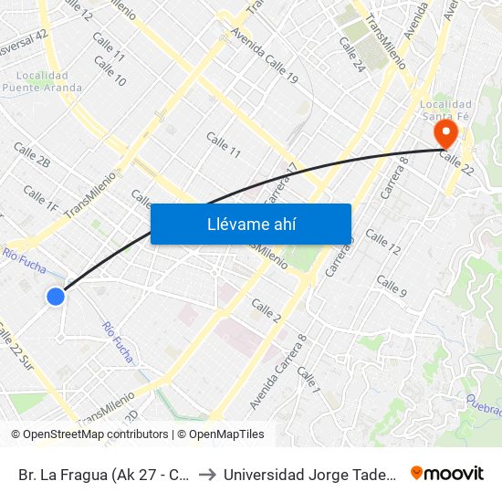 Br. La Fragua (Ak 27 - Cl 14 Sur) to Universidad Jorge Tadeo Lozano map