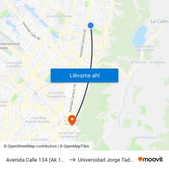 Avenida Calle 134 (Ak 19 - Ac 134) to Universidad Jorge Tadeo Lozano map