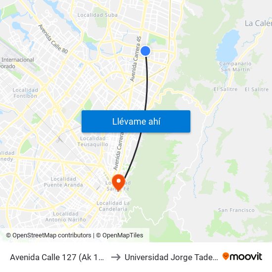 Avenida Calle 127 (Ak 19 - Cl 126) to Universidad Jorge Tadeo Lozano map