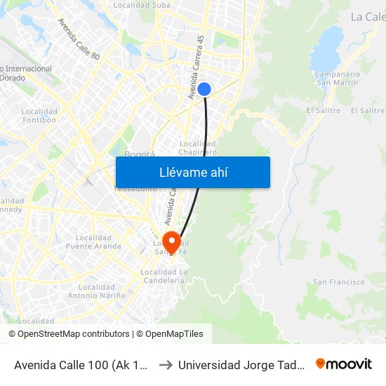 Avenida Calle 100 (Ak 19 - Ac 100) to Universidad Jorge Tadeo Lozano map