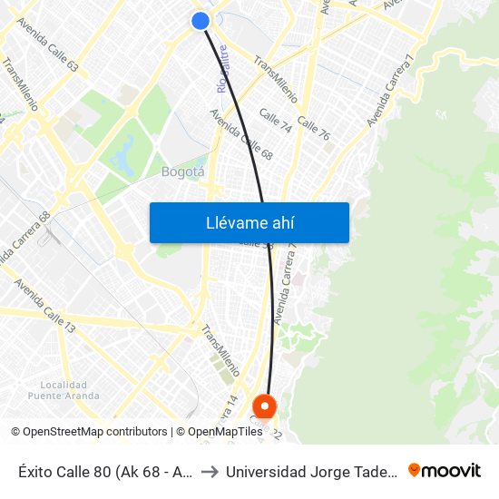 Éxito Calle 80 (Ak 68 - Ac 80) (A) to Universidad Jorge Tadeo Lozano map