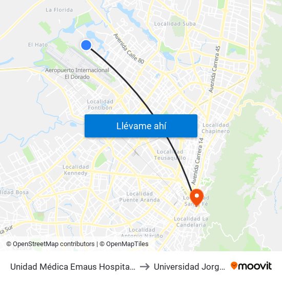 Unidad Médica Emaus Hospital Engativá (Cl 64 - Kr 121) to Universidad Jorge Tadeo Lozano map