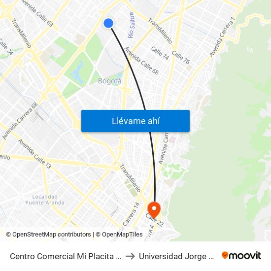 Centro Comercial Mi Placita (Ac 68 - Kr 65) (A) to Universidad Jorge Tadeo Lozano map
