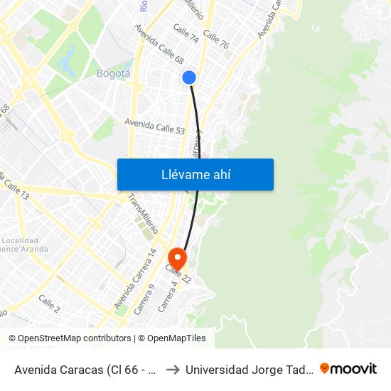 Avenida Caracas (Cl 66 - Av. Caracas) to Universidad Jorge Tadeo Lozano map