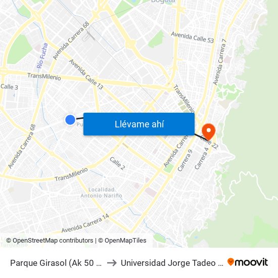Parque Girasol (Ak 50 - Cl 2c) to Universidad Jorge Tadeo Lozano map