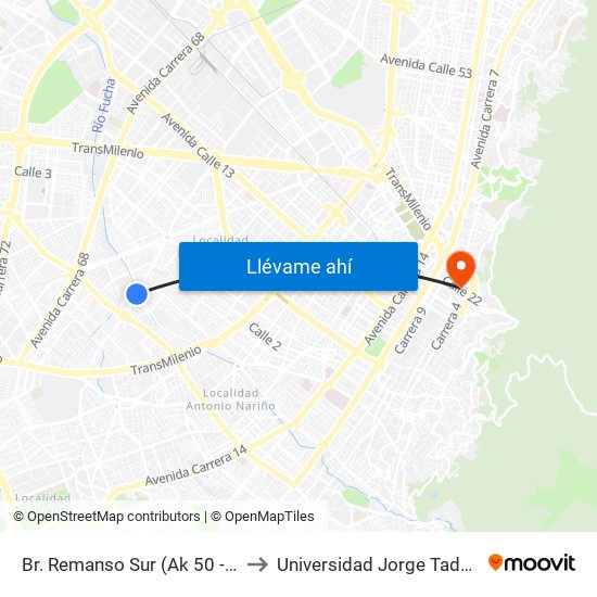 Br. Remanso Sur (Ak 50 - Cl 17 Sur) to Universidad Jorge Tadeo Lozano map