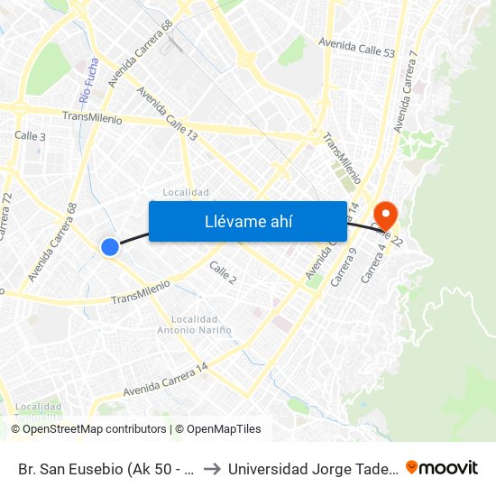 Br. San Eusebio (Ak 50 - Cl 22 Sur) to Universidad Jorge Tadeo Lozano map