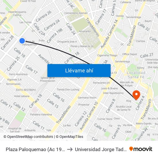 Plaza Paloquemao (Ac 19 - Kr 27) (A) to Universidad Jorge Tadeo Lozano map