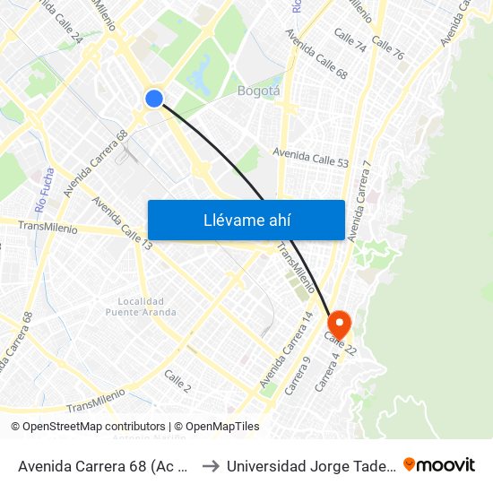 Avenida Carrera 68 (Ac 26 - Kr 68) to Universidad Jorge Tadeo Lozano map