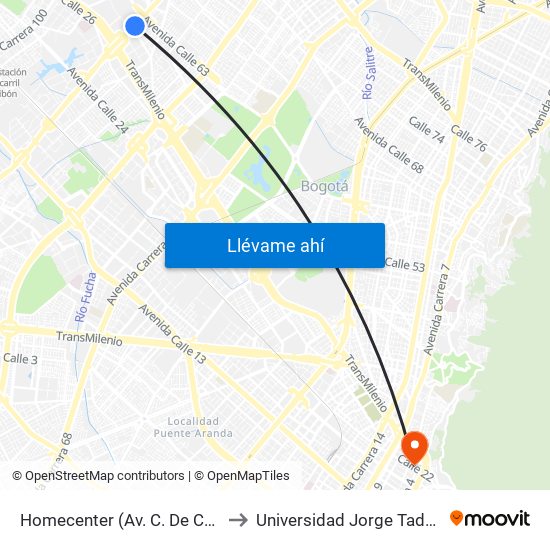 Homecenter (Av. C. De Cali - Cl 52a) to Universidad Jorge Tadeo Lozano map