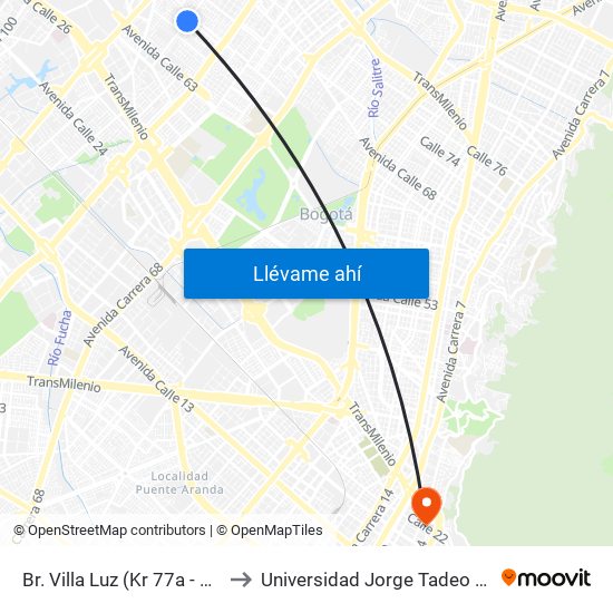 Br. Villa Luz (Kr 77a - Cl 65a) to Universidad Jorge Tadeo Lozano map