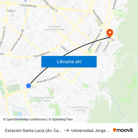Estación Santa Lucía (Av. Caracas - Dg 45c Sur) to Universidad Jorge Tadeo Lozano map