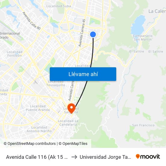 Avenida Calle 116 (Ak 15 - Ac 116) (A) to Universidad Jorge Tadeo Lozano map