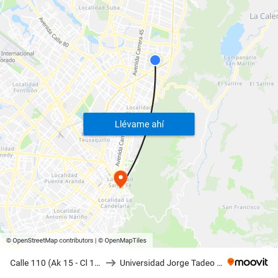 Calle 110 (Ak 15 - Cl 110) (A) to Universidad Jorge Tadeo Lozano map