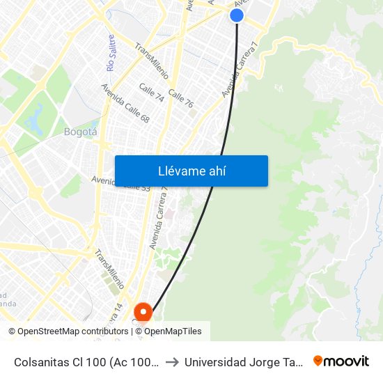 Colsanitas Cl 100 (Ac 100 - Kr 11b) (A) to Universidad Jorge Tadeo Lozano map