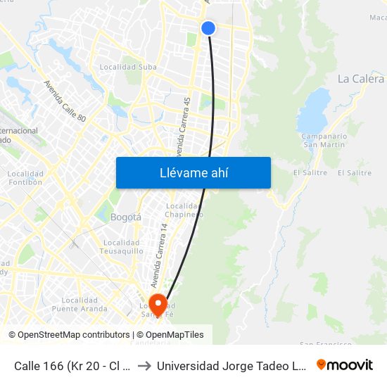 Calle 166 (Kr 20 - Cl 166) to Universidad Jorge Tadeo Lozano map