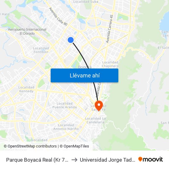 Parque Boyacá Real (Kr 74a - Cl 69a) to Universidad Jorge Tadeo Lozano map