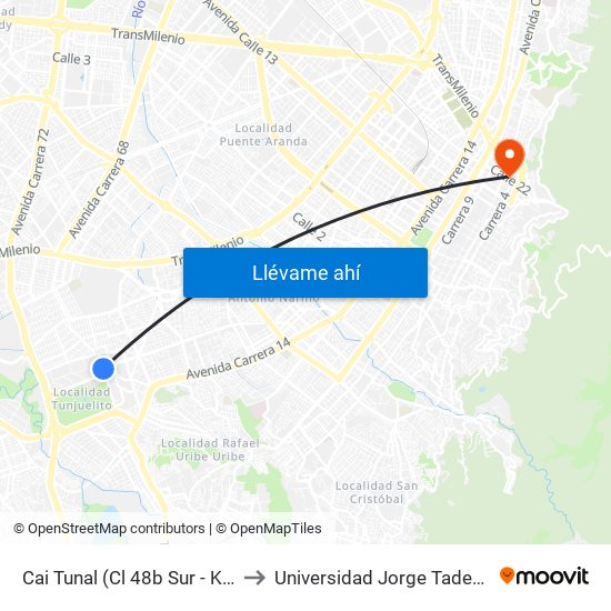 Cai Tunal (Cl 48b Sur - Kr 24) (A) to Universidad Jorge Tadeo Lozano map