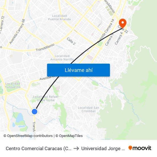 Centro Comercial Caracas (Cl 50a Sur - Kr 9) (A) to Universidad Jorge Tadeo Lozano map