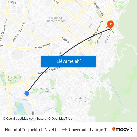 Hospital Tunjuelito II Nivel (Cl 52 Sur - Kr 14) to Universidad Jorge Tadeo Lozano map