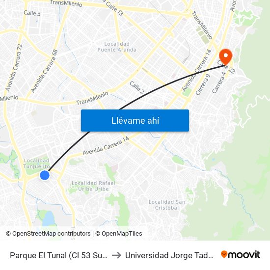 Parque El Tunal (Cl 53 Sur - Kr 19a) to Universidad Jorge Tadeo Lozano map