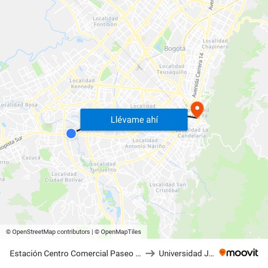 Estación Centro Comercial Paseo Villa Del Río - Madelena (Auto Sur - Kr 66a) to Universidad Jorge Tadeo Lozano map