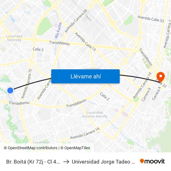 Br. Boitá (Kr 72j - Cl 47 Sur) to Universidad Jorge Tadeo Lozano map