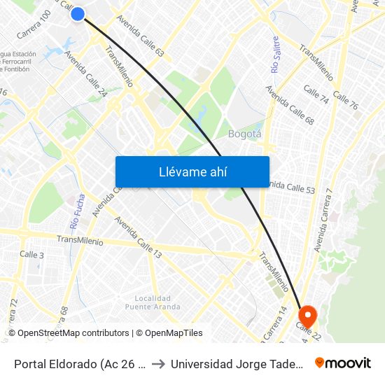 Portal Eldorado (Ac 26 - Ak 96) to Universidad Jorge Tadeo Lozano map