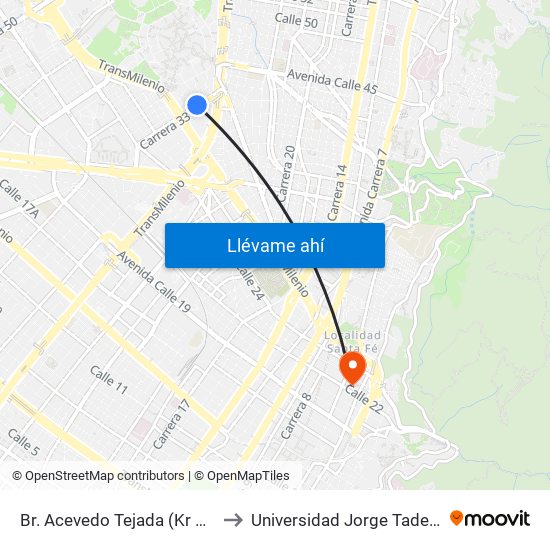 Br. Acevedo Tejada (Kr 33 - Cl 28) to Universidad Jorge Tadeo Lozano map