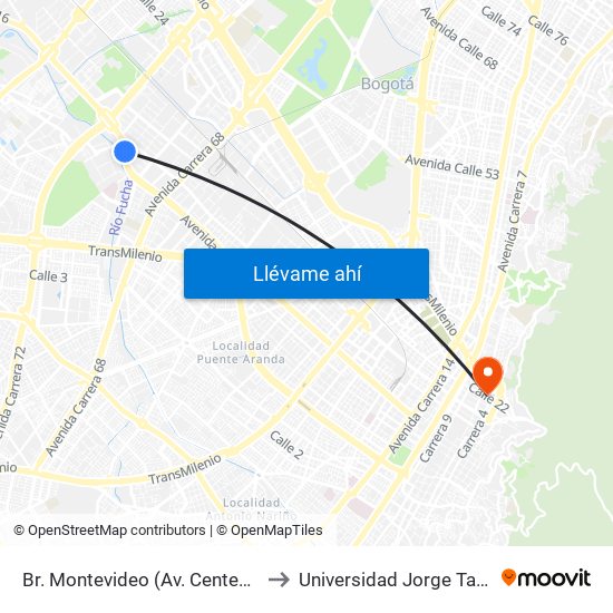 Br. Montevideo (Av. Centenario - Kr 68b) to Universidad Jorge Tadeo Lozano map