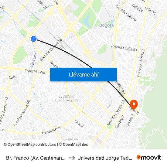 Br. Franco (Av. Centenario - Kr 69b) to Universidad Jorge Tadeo Lozano map