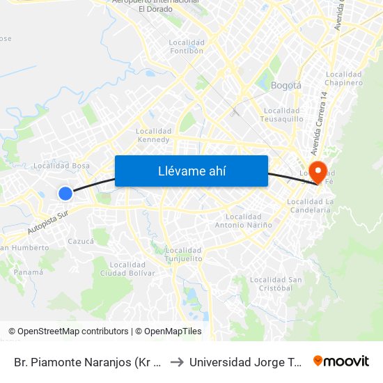 Br. Piamonte Naranjos (Kr 78c - Cl 70 Sur) to Universidad Jorge Tadeo Lozano map