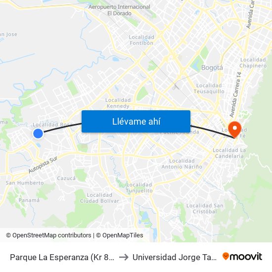 Parque La Esperanza (Kr 80j - Cl 75 Sur) to Universidad Jorge Tadeo Lozano map