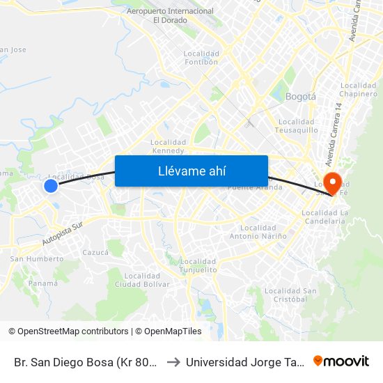 Br. San Diego Bosa (Kr 80k - Cl 82b Sur) to Universidad Jorge Tadeo Lozano map