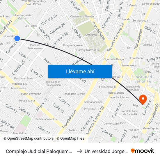 Complejo Judicial Paloquemao (Ac 19 - Kr 28a) (A) to Universidad Jorge Tadeo Lozano map