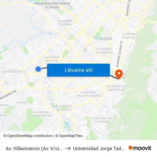 Av. Villavicencio (Av. V/cio - Kr 79c) to Universidad Jorge Tadeo Lozano map